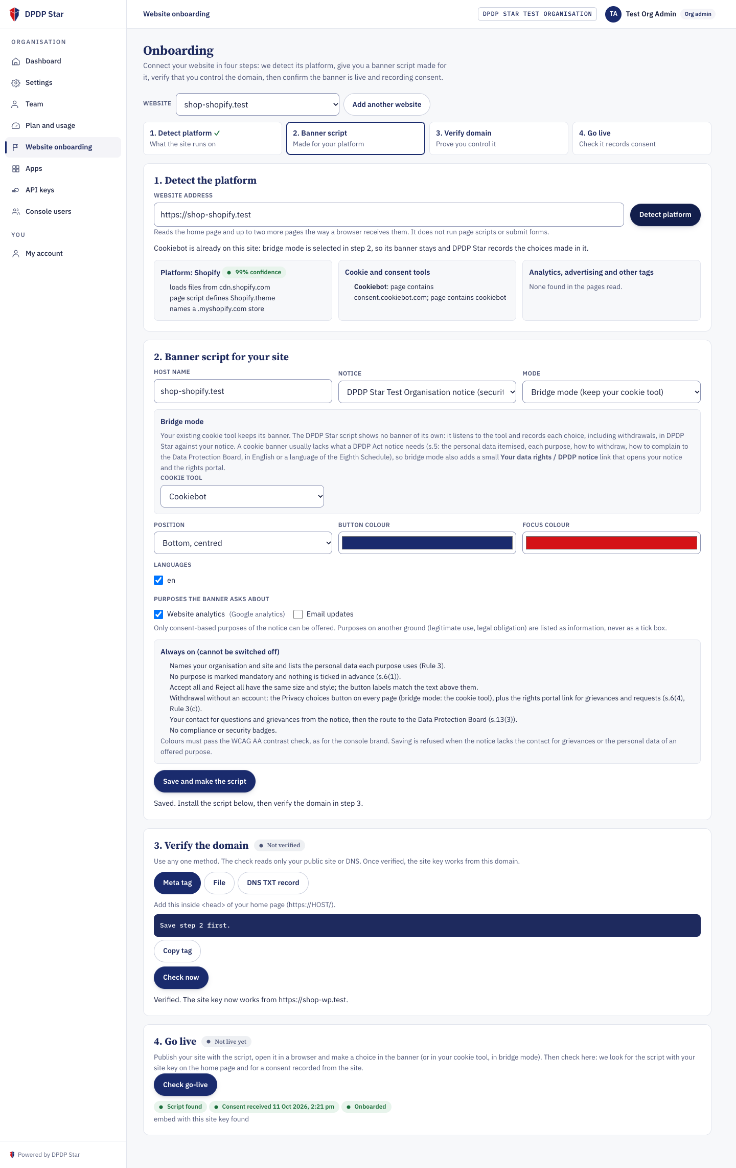 Step 1: Shopify + Cookiebot detected, preselecting Bridge Mode