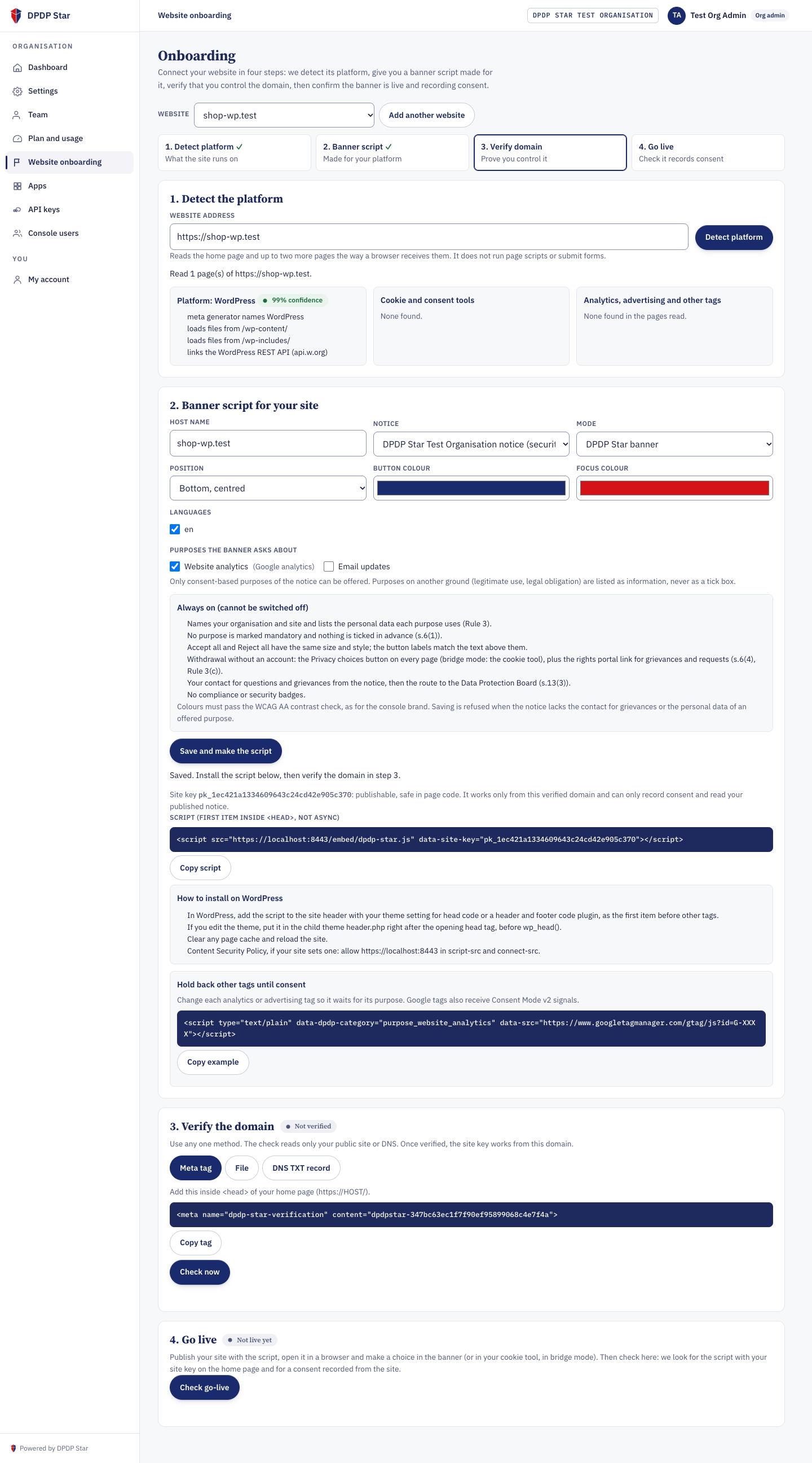 Step 2: WordPress embed snippet and site setup