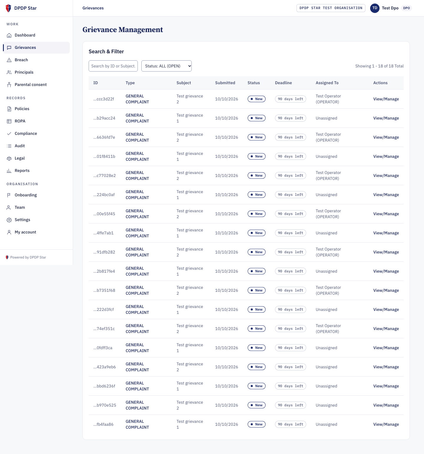 DPDP Star 90-Day SLA Grievance Tracker