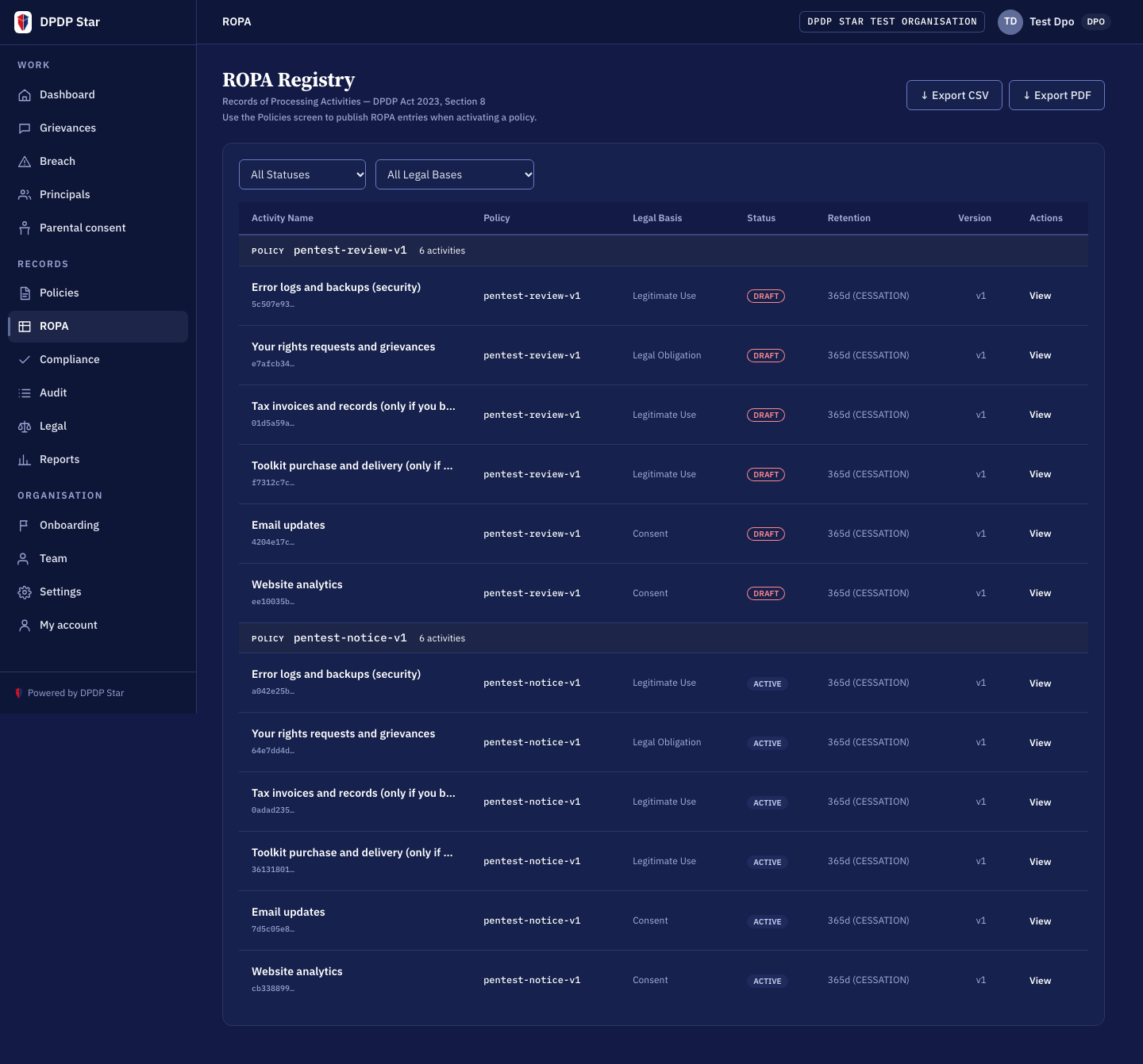 DPDP Star DPO RoPA Register View