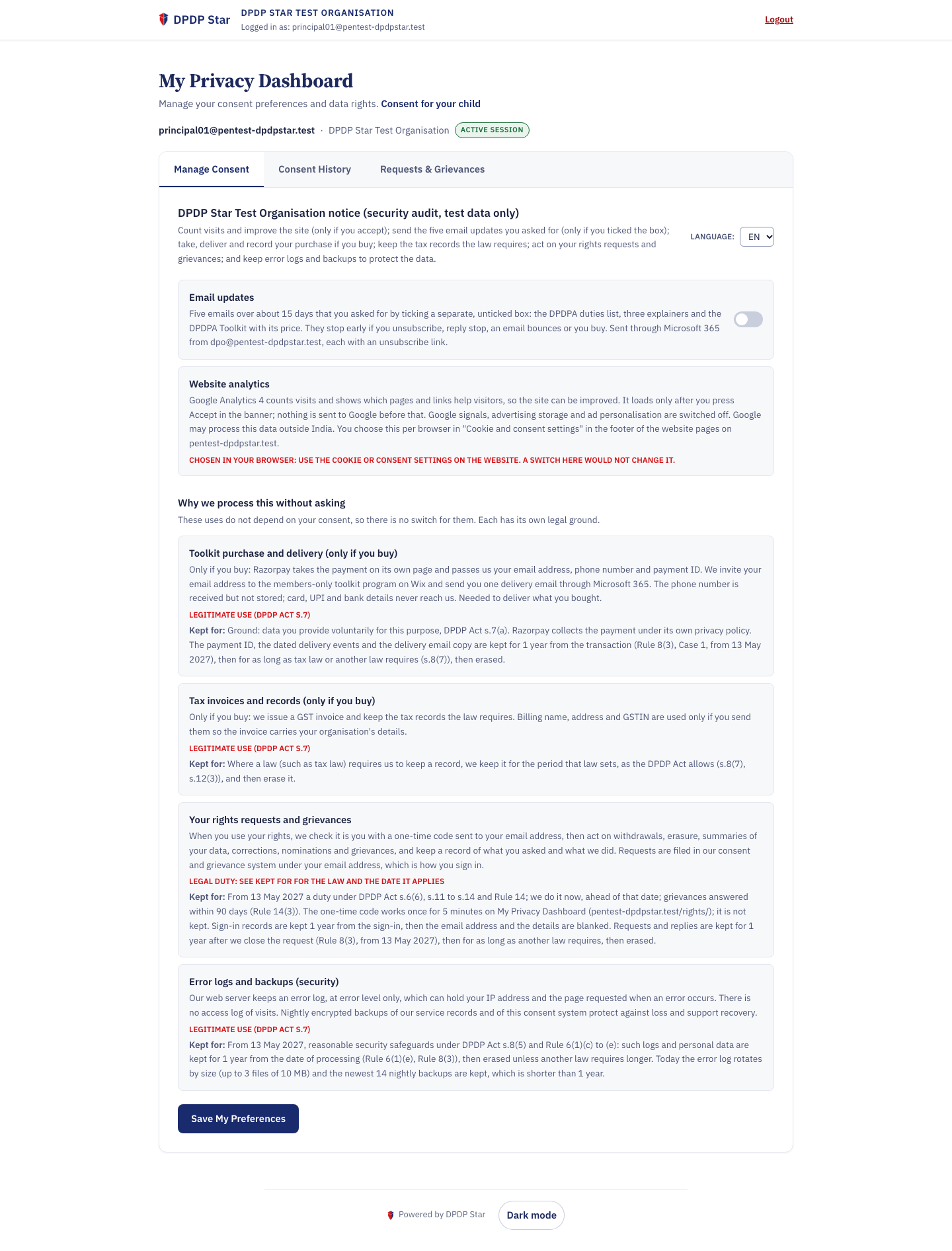 My Privacy Dashboard for Data Principals