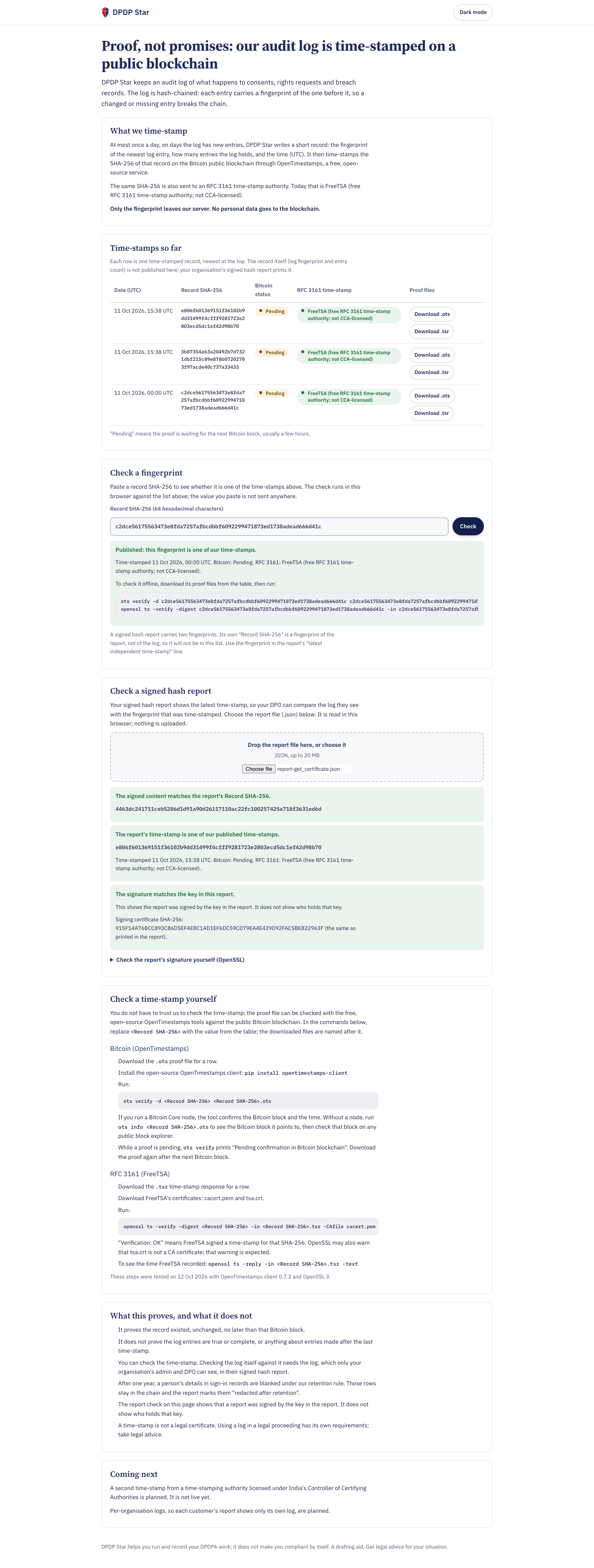 Public Blockchain & RFC 3161 Audit Trail Verification Page