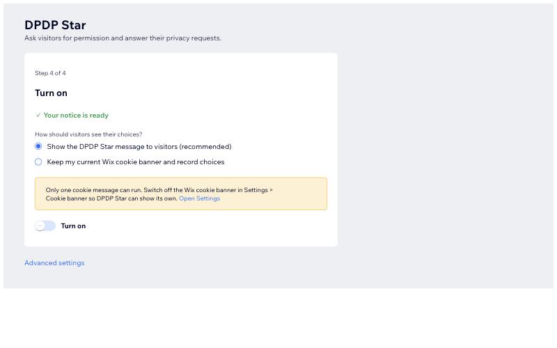 Wix Onboarding Step 4: Turn on the DPDP Star consent banner
