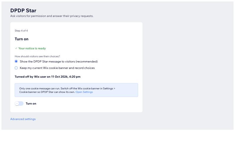Wix Onboarding: Notice turned off state