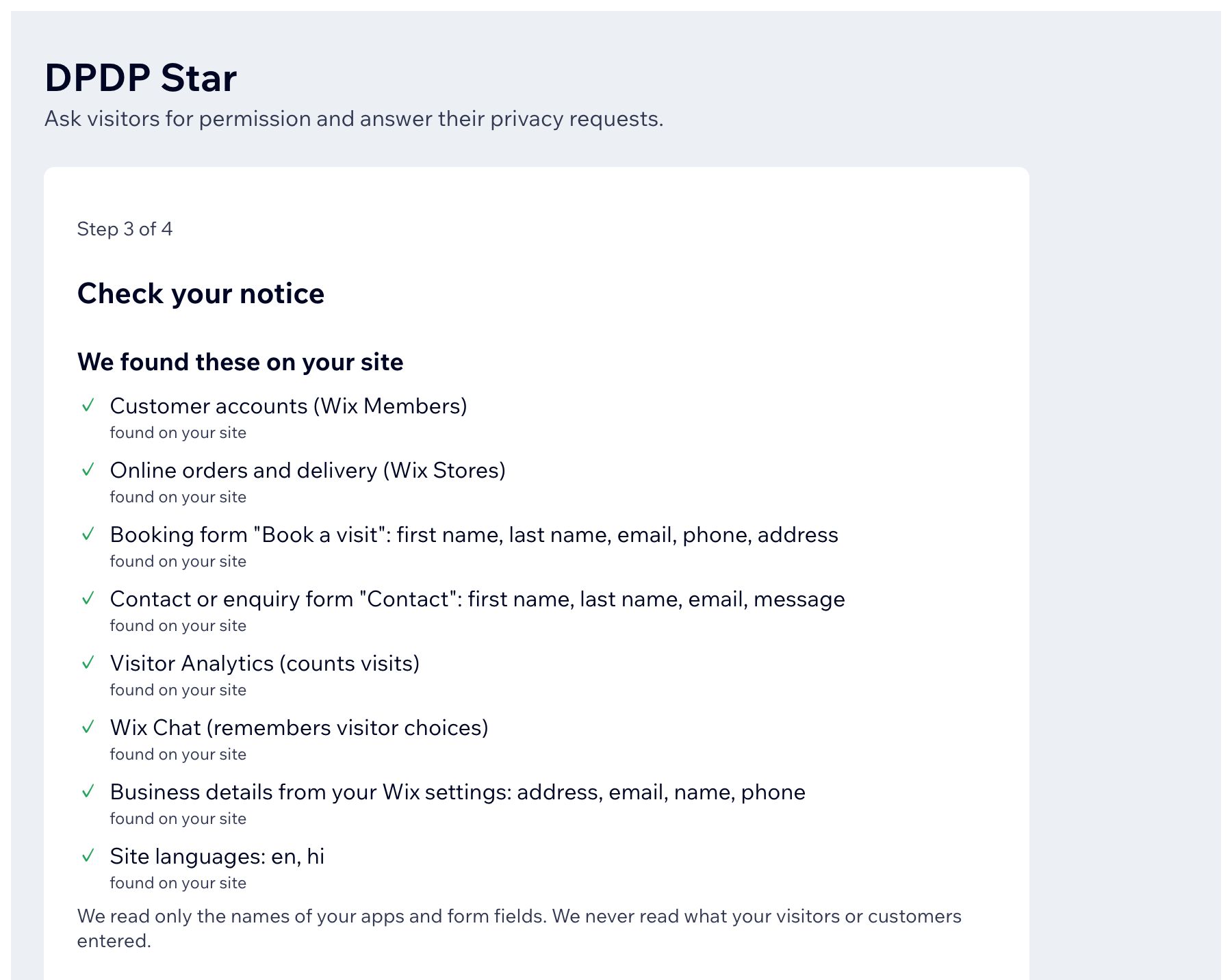 Wix Onboarding: Existing notice detected at top of site